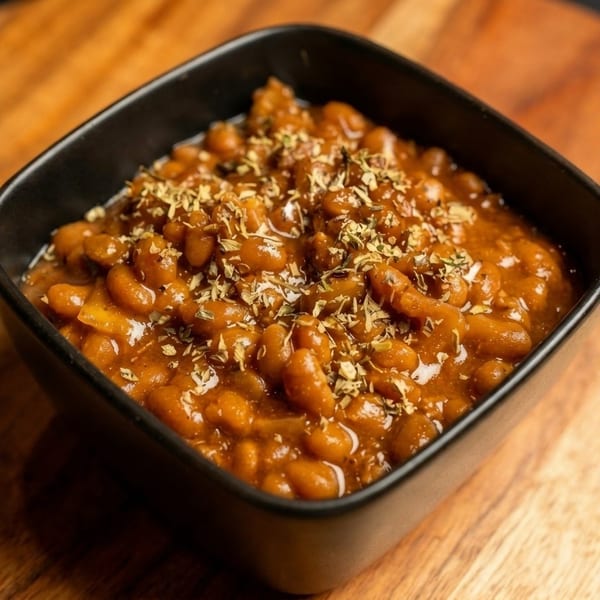A black bowl filled with baked beans, garnished with dried herbs, on a wooden surface.