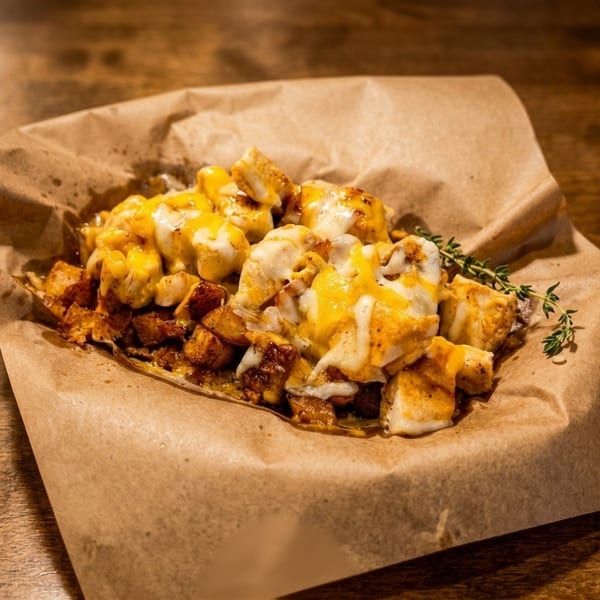 Cheesy chicken and potato bites with herbs served on brown parchment paper.