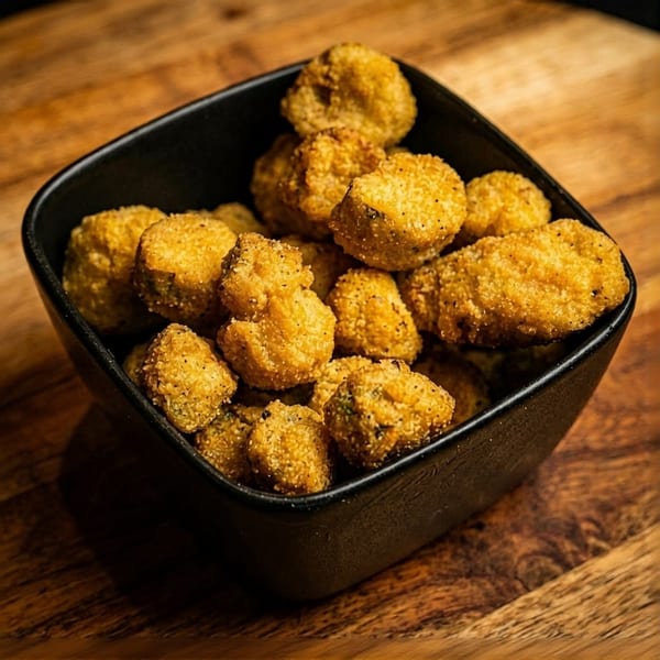 A black bowl filled with golden-brown fried okra sits on a rustic wooden table.