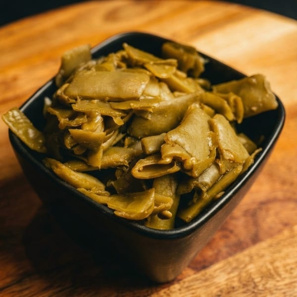 A black bowl filled with cooked green beans, glistening with moisture, on a wooden surface.