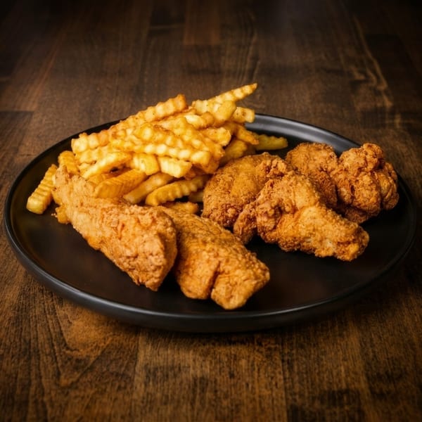 Crispy fried chicken wings and tenders with crinkle-cut fries on a black plate.
